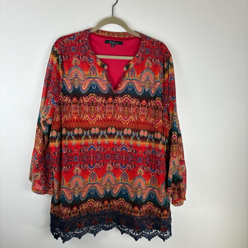Caleaas Blouse Top Womens 2X Paisley 3/4 Sleeve Lined Lace Hem V Neck Red